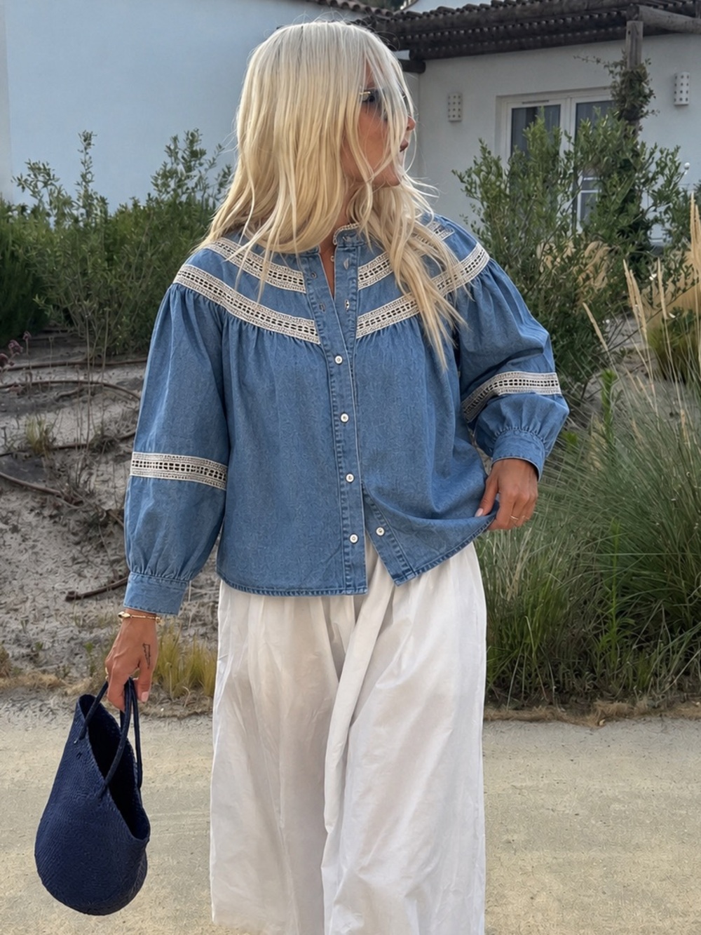Denim Lace-Trim Button Front Blouse Blue Small NWT Prairie Cottage Core Romatic